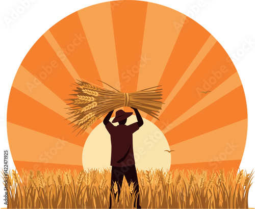 Farmer carrying bundle of wheat in golden field with rising sun background vector illustration 