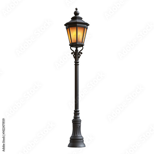 Illuminated vintage street lamp against a night setting isolated on transparent background