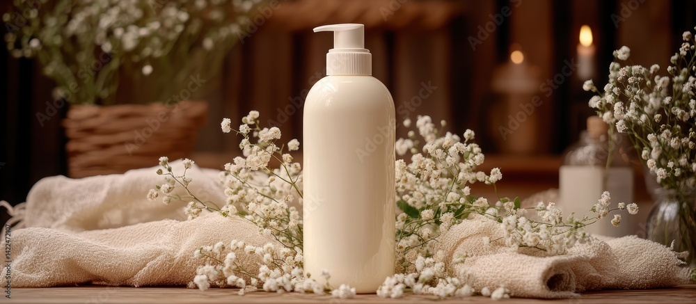 Cream Bottle with White Flowers, Spa Setting, Relaxation Cream Bottle with White Flowers, Spa Setting, Relaxation