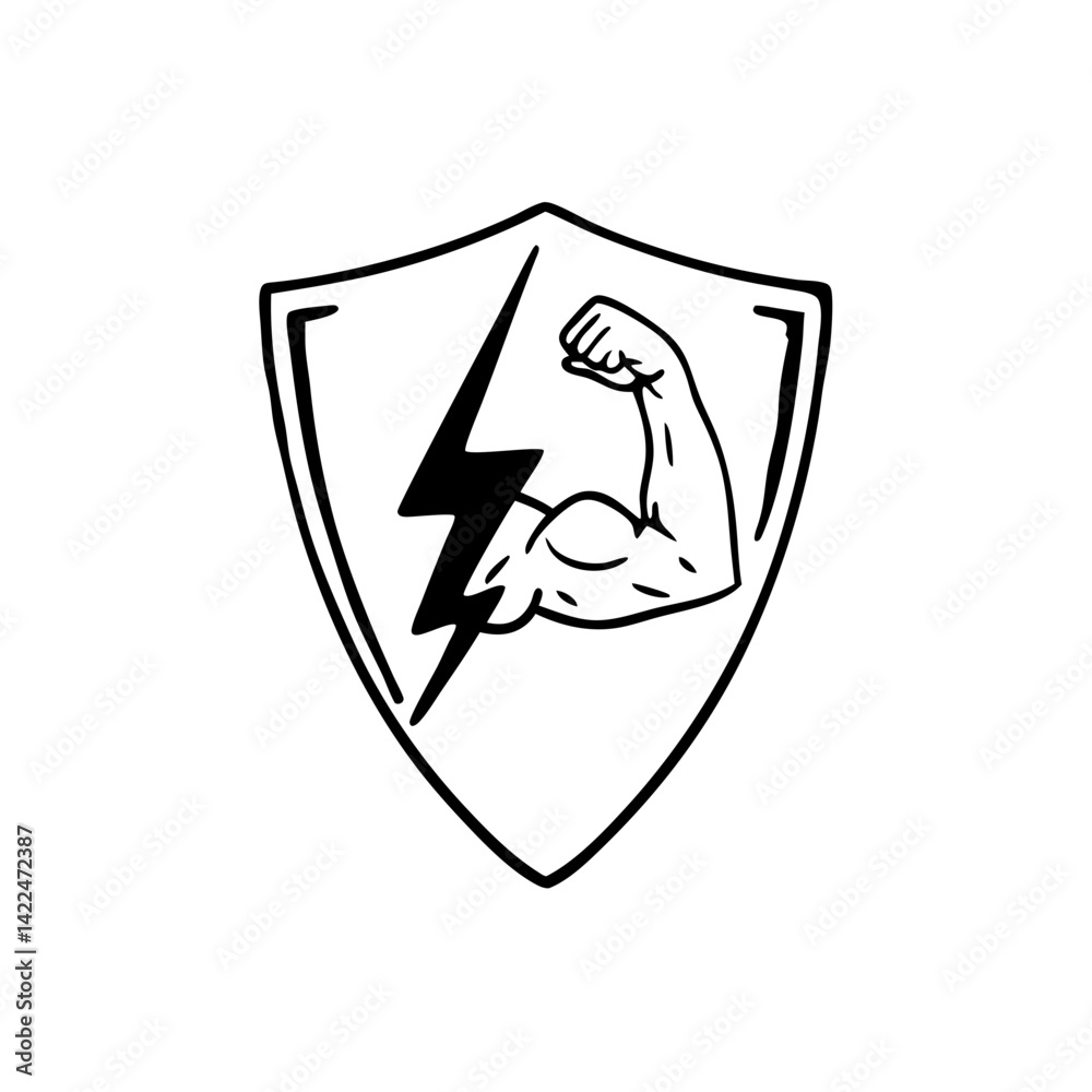 Power Shield Fitness icon. arm and lightning bolt vector Power Shield Fitness icon. arm and lightning bolt vector