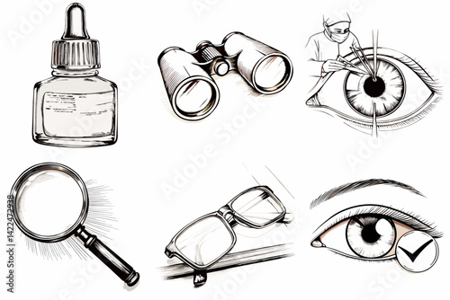 Vision correction tools including eye drops, binoculars, and glasses  