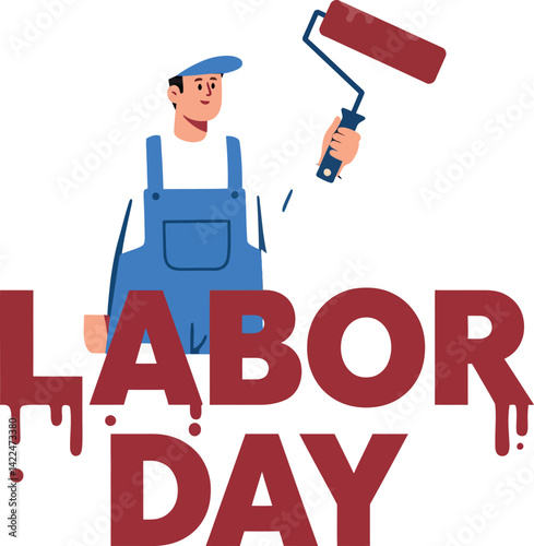 Labor Day Worker Painting Red Letters Celebration Vector Illustration with Paint Roller 