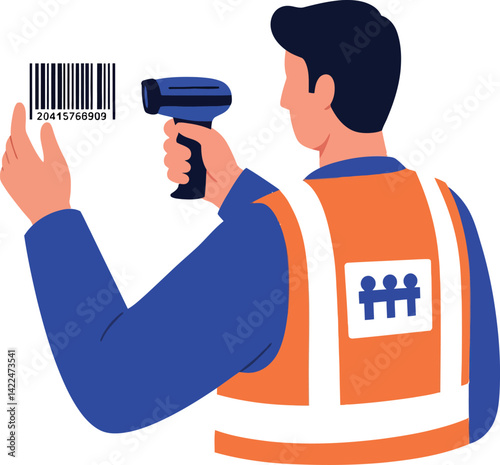 Warehouse worker scanning barcode with handheld scanner in safety vest vector illustration 