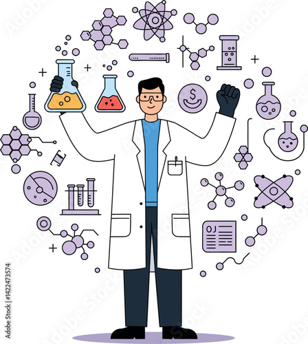 Scientist holding chemical flasks surrounded by science and chemistry icons vector illustration 
