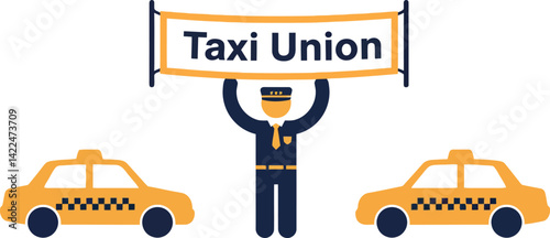 Taxi driver holding taxi union banner with two yellow cars vector illustration