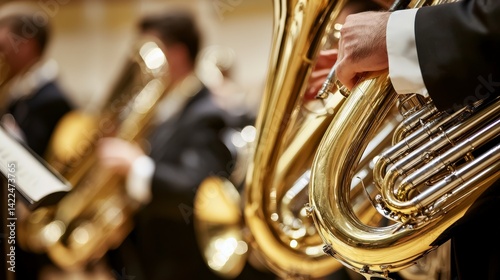 Conductor Leading Brass Band with Tuba Section Playing Harmoniously