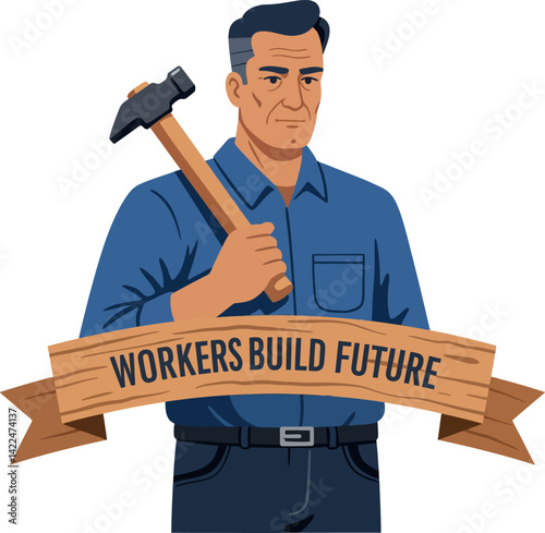 Male worker holding hammer with workers build future banner vector illustration 