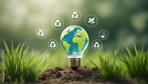 Ecology and sustainable environment of the world. Environmental ESG icon on a light bulb with a green earth shape.