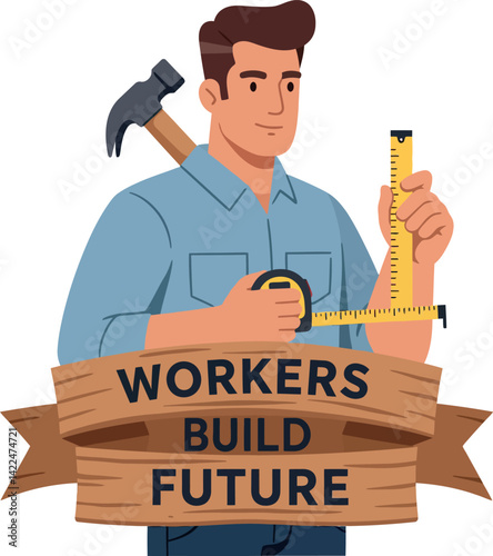 Construction worker measuring with tape and hammer tools workers build future banner vector illustration 