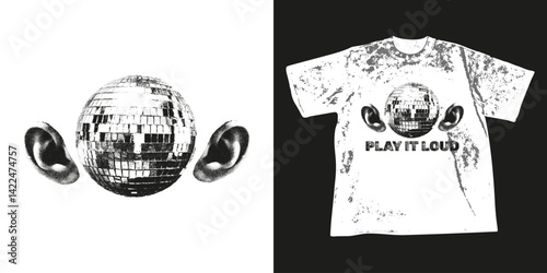 Trendy halftone stipple t-shirt print. Disco ball with ears grunge punk design with grain gritty texture. Modern retro photocopy vector illustration for clothes, hoodie, street wear, sweatshirt