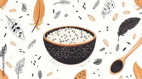 Bowl of mixed rice grains, feathers background, food photography, recipe website