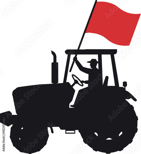 Tractor silhouette with red flag and driver illustration in black vector graphic 