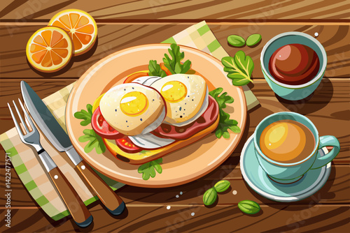 vector of Plate with tasty eggs benedict and cup of coffee and cardo fork on wooden background
