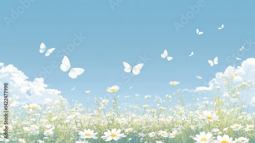 Pastel Sky meets Floral Meadow, A Serene Journey with Butterflies