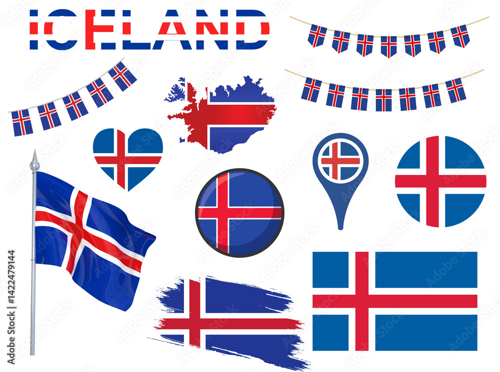 Fototapeta premium Big set of Iceland ribbons, symbols, icons and flags isolated on a white background, Made in Iceland, Welcome to Iceland, premium quality, Iceland color, set for your infographics, and templates 