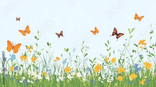 Vibrant field with butterflies and wildflowers, a spring meadow scenery
