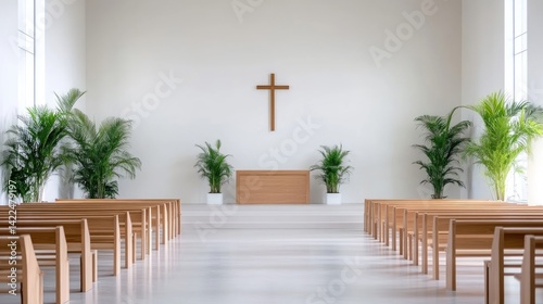 Empty church sanctuary with wooden pews and altar