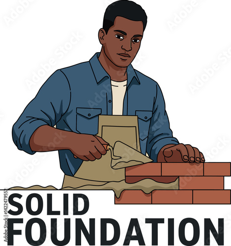 Man Building Brick Wall with Trowel and Cement Solid Foundation Construction Illustration 