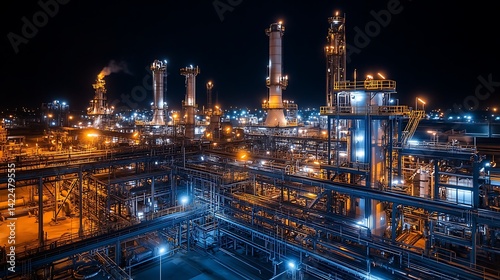 Illuminated industrial complex at night, showcasing petrochemical processing.