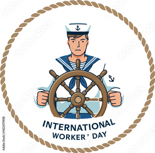 Sailor steering ship wheel celebrating International Worker’s Day vector illustration 