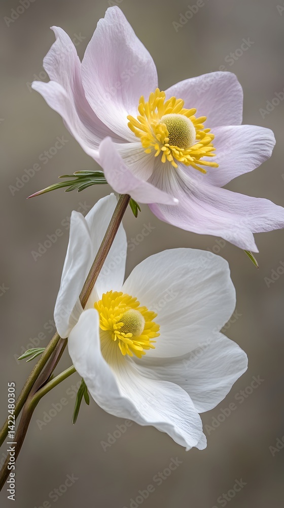 Fototapeta premium Delicate Pair of White and Pink Anemone Flowers