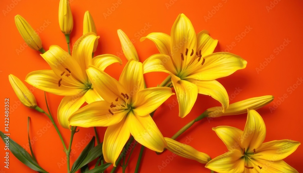 Yellow lilies on orange backdrop