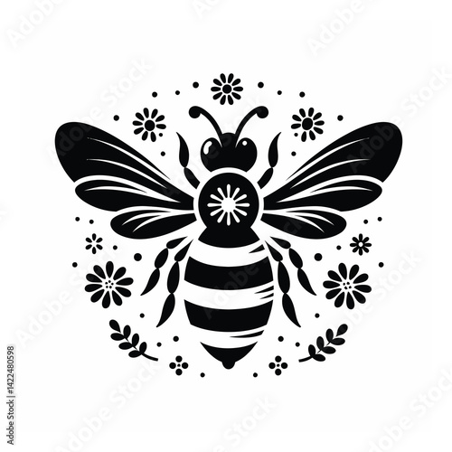 Black and white bee icon silhouette vector art illustration