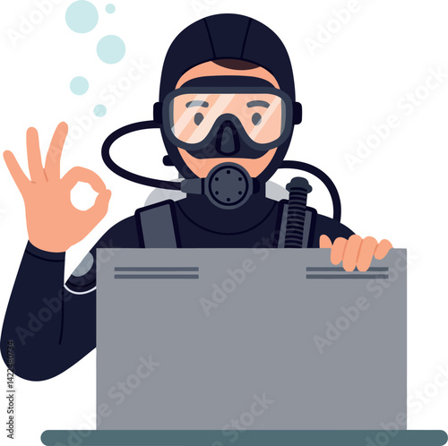 Scuba diver wearing diving mask and wetsuit with OK hand gesture vector illustration 