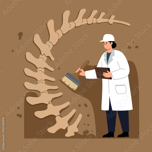 Archaeologist examining large dinosaur vertebra fossil with brush and clipboard vector illustration 