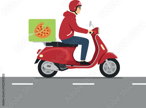Pizza delivery rider on red scooter wearing helmet and casual clothes on road vector illustration 