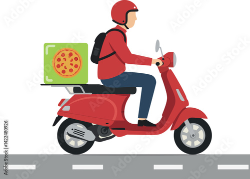Delivery person riding red scooter with pizza box on urban road vector illustration 