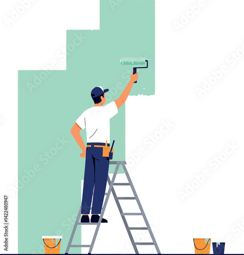Male painter on ladder applying mint green wall paint with roller brush vector illustration 