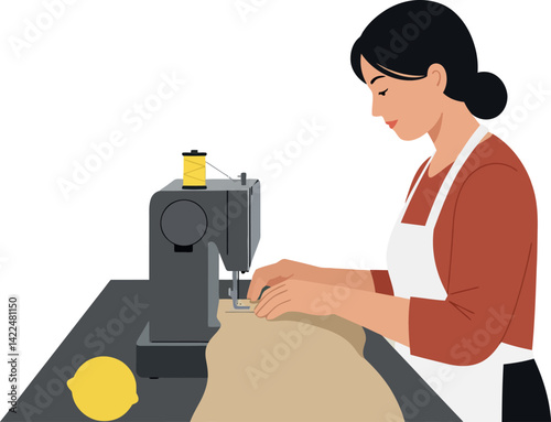 Woman Tailor Sewing Fabric on Machine with Yellow Thread Spool Illustration 