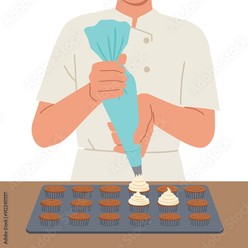 Chef decorating cupcakes with icing bag on tray in kitchen vector illustration 