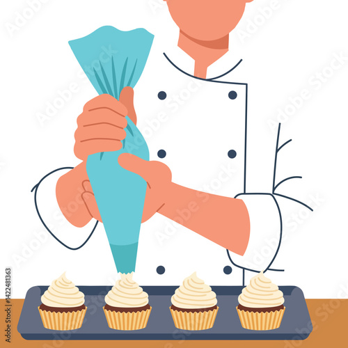 Chef decorating cupcakes with piping bag in kitchen preparing desserts vector illustration 