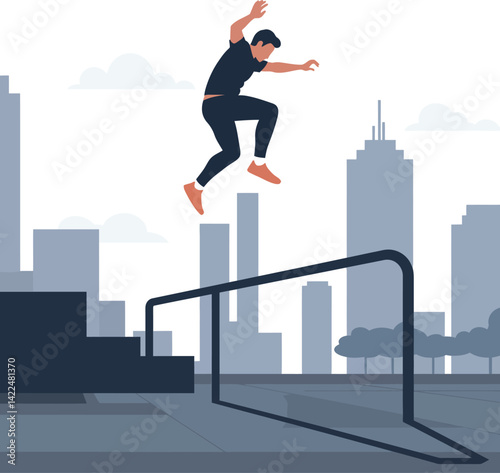 Young man jumping over rail outdoors in urban parkour scene vector illustration 