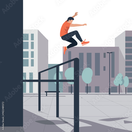 Man performing urban parkour jump over rail in cityscape with modern buildings 