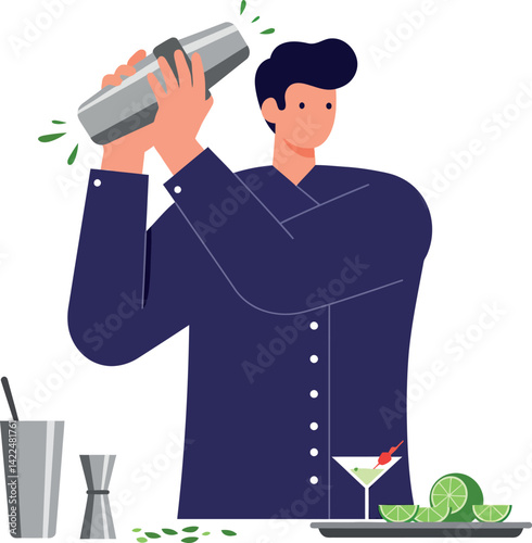 Bartender Preparing Cocktail with Shaker and Lime Slices Vector Illustration 