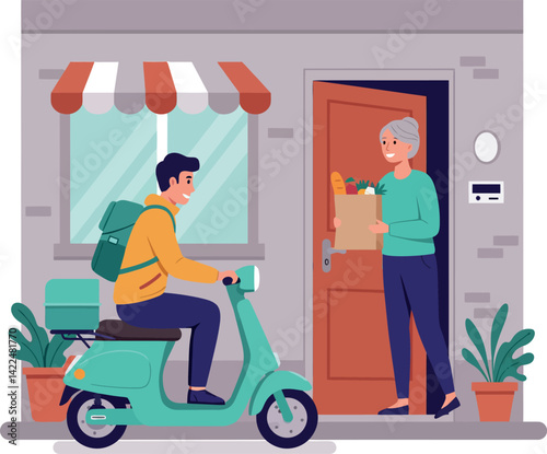 Delivery person on scooter delivering groceries to elderly woman at home entrance vector illustration 