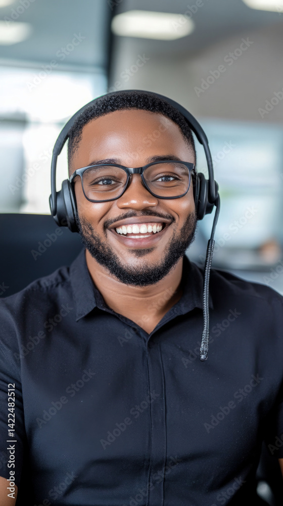 Friendly customer service representative wearing headset in office environment Friendly customer service representative wearing headset in office environment