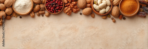 Assorted nuts, seeds, and spices in wooden bowls placed in a row at the top with an empty beige space below, showcasing a variety of textures and colors