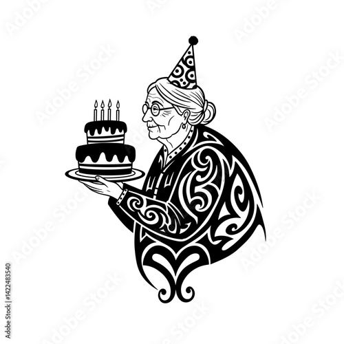 Elderly woman holding birthday cake celebrating joyfully in black and white  