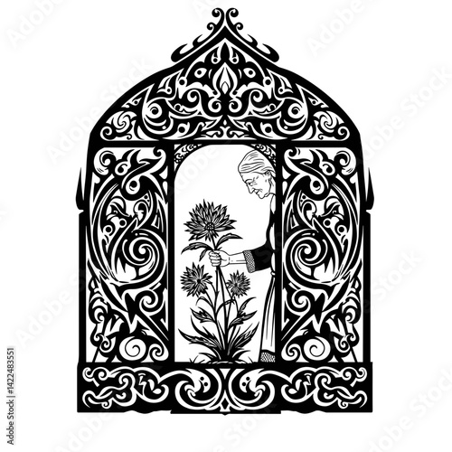 Elderly woman in greenhouse caring for flowers in ornamental style  