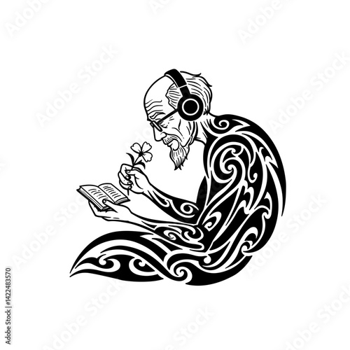 Elderly man with headphones learning and enjoying a flower  
