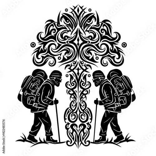 Elderly hikers with backpacks enjoying nature against a decorative tree  