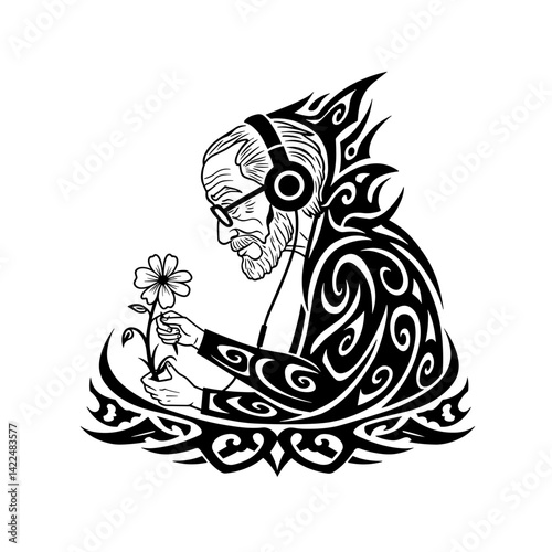 Elderly man with headphones learning, holding a flower in a tattoo style  