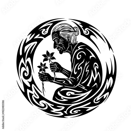 Elderly woman watering flowers, elderly woman caring for plants  