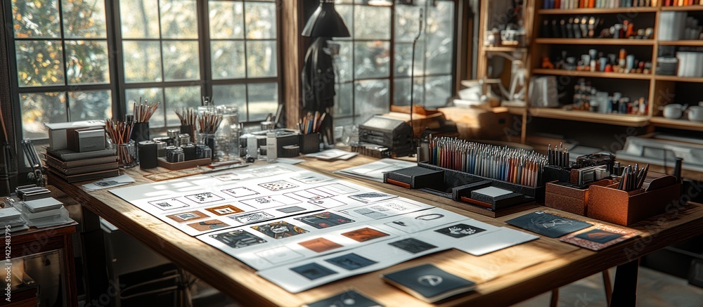 Naklejka premium Designer's studio workspace with sunlight, design sketches, and art supplies