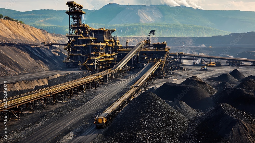 Fototapeta premium Extensive coal processing facility amidst open-pit mine.