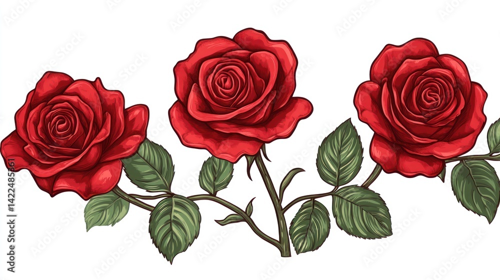 Fototapeta premium Red roses, elegant floral arrangement, white background, botanical illustration, perfect for greeting cards